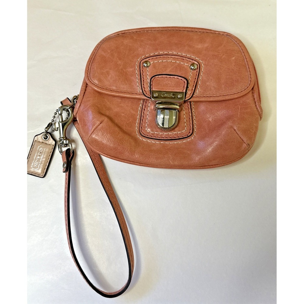 Rare VTG Coach Legacy Push lock Wristlet Coral Leather Interior Stripe Pattern